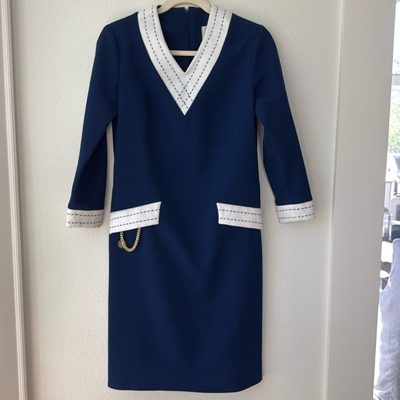 Julie Miller Vintage Chain Pocket Blue and White Vneck Dress 70’s - Picture 1 of 9
